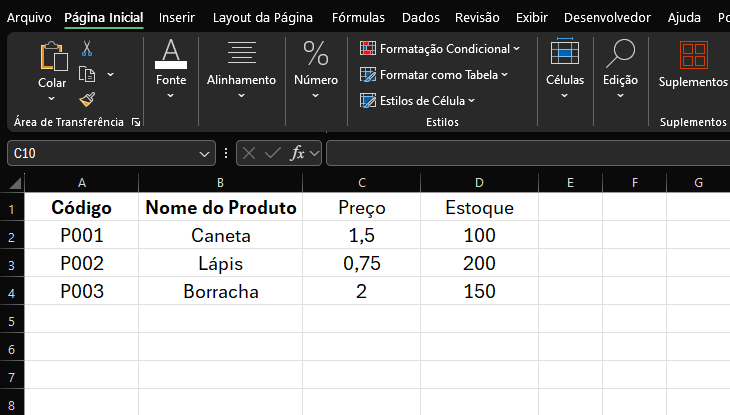 Tabela de exemplo para utilizar o procv 