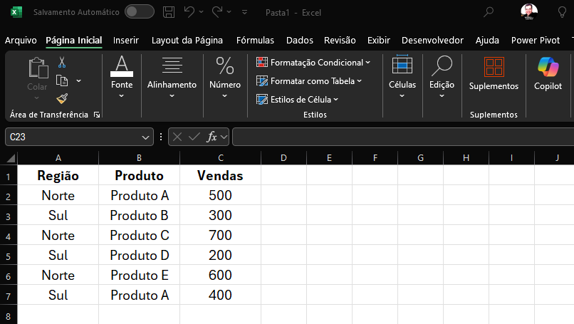 imagem Exemplo 3: Soma de Vendas por Região e Produto